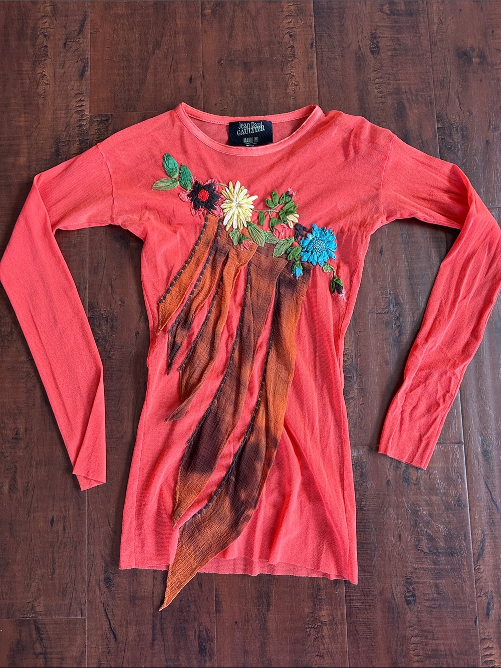 Jean Paul Gaultier Coral Long-Sleeve Floral Applique Top